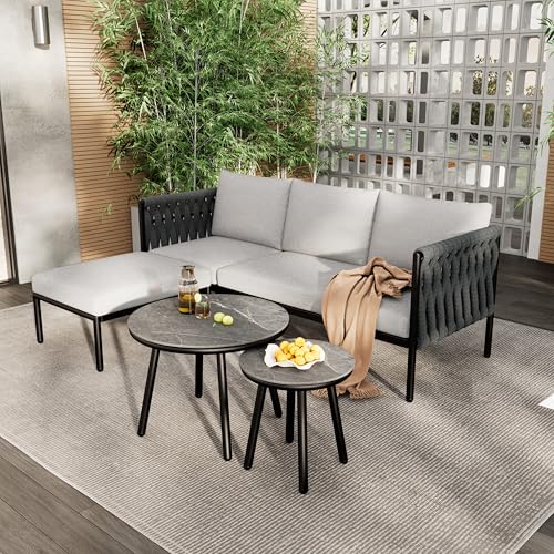 UIXENI Garden Lounge for 3-4 People, Patio Furniture Set Seating Set Consisting of 3 Seater Garden Sofa, Stool and 2 Side Table with Cushion von UIXENI