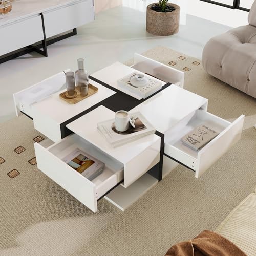 UIXENI High Gloss Coffee Table, Living Room Modern Side Table with Open Display Shelf and 4 Pull-Out Drawers von UIXENI