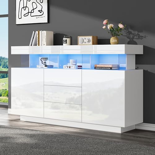 UIXENI High Gloss LED Sideboard Storage Cabinet with 2 Doors, 3 Drawers and Open Compartment, Modern Living Room Bedroom Storage Furniture UIXENI High Gloss LED Sideboard Storage Cabinet with 2 Doors, 3 Drawers and Open Compartment, Modern Living Room Bedroom Storage Furniture von UIXENI