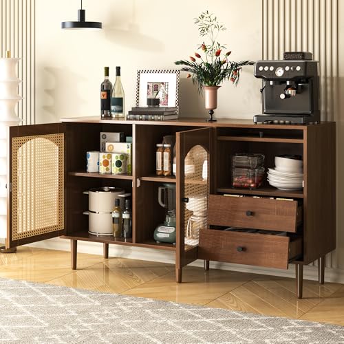 UIXENI Kitchen Cabinet Sideboard, Storage Cabinet with 2 Rattan Doors, Adjustable Shelf for Dining Room von UIXENI