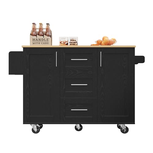 UIXENI Kitchen Island with Extendable Worktop, Kitchen Cabinet Dining Room Trolley with 2 Doors and 3 Drawers (Black) von UIXENI