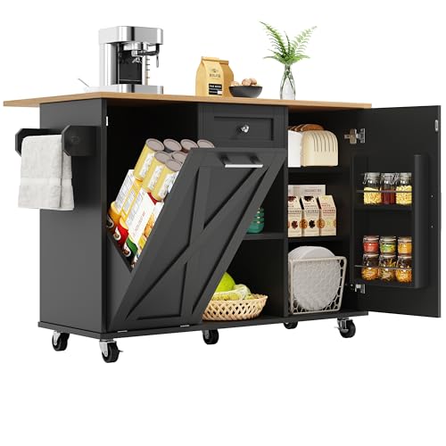 UIXENI Kitchen Island with Folding Worktop, Dining Room Serving Trolley on Wheels with Shelf and Drawer for Trash Cans (Black) von UIXENI