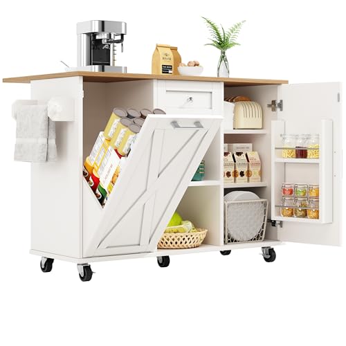 UIXENI Kitchen Island with Folding Worktop, Dining Room Serving Trolley on Wheels with Shelf and Drawer for Trash Cans (White) von UIXENI
