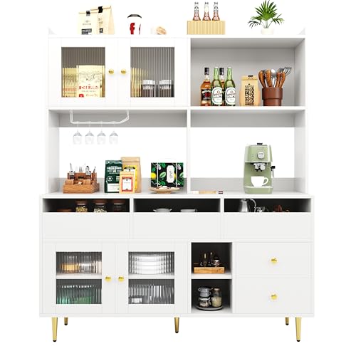 UIXENI Kitchen Pantry Cupboard, Dining Room Storage Cabinet with Countertop, 5 Drawers, Glass Door, Wine Glass Holder ﻿ (White) von UIXENI