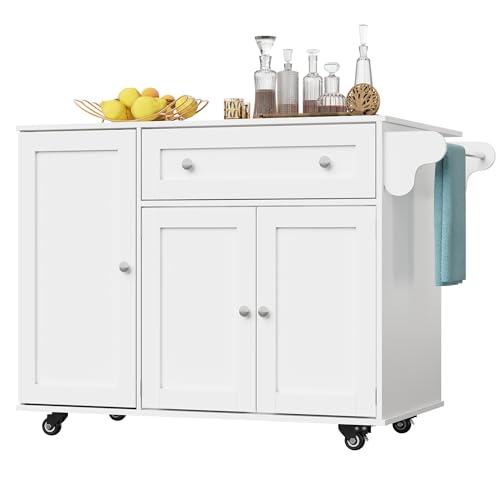 UIXENI Kitchen Trolley with Folding Worktop, Kitchen Island with Drawer & Adjustable Shelf & Towel Rail, Mobile Serving Trolley von UIXENI