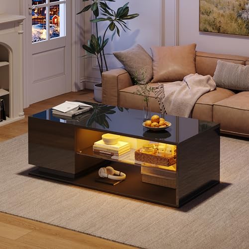 UIXENI LED Coffee Table with Storage, Living Room Rectangular Middle Table with Drawer and Open Shelf (Black) von UIXENI