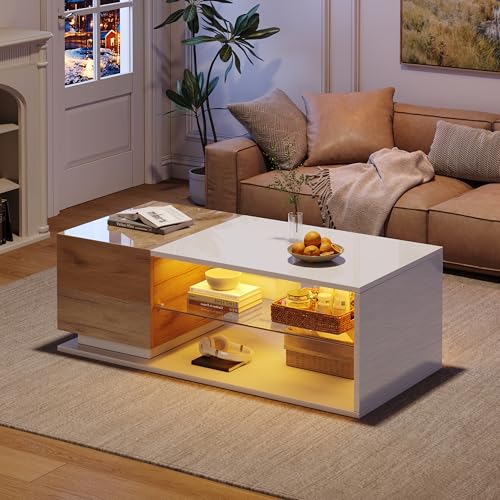 UIXENI LED Coffee Table with Storage, Living Room Rectangular Middle Table with Drawer and Open Shelf (White+Oak) von UIXENI