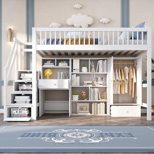 UIXENI Loft Bed 90 x 200 cm with Desk/Wardrobe/Storage Space Stairs, Cot Bed Fall Protection Without Mattress von UIXENI