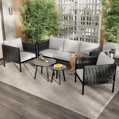 UIXENI Lounge Garden Furniture Set, Balcony Weatherproof Dining Set with Outdoor Sofa, Armchair and Tables for 4 People von UIXENI
