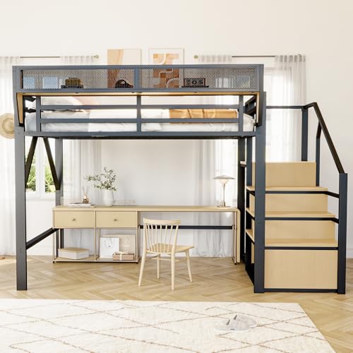 UIXENI Metal Loft Bed 140 x 200 cm, Climbing Ladder with Storage (Black) von UIXENI