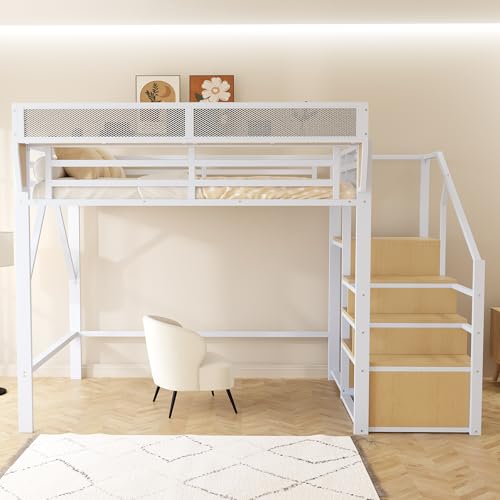UIXENI Metal Loft Bed 140 x 200 cm, Climbing Ladder with Storage (White) von UIXENI