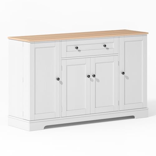 UIXENI Multifunctional Kitchen Buffet,138 cm Sideboard with Drawer, Shelf Doors and Adjustable Shelves, Tilt Protection (Natural+White) von UIXENI