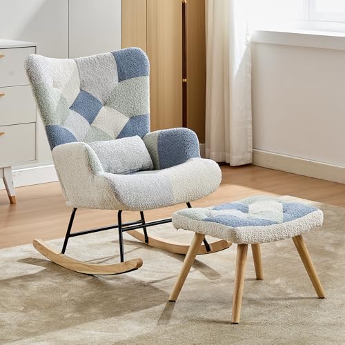UIXENI Patchwork Rocking Chair with Stool, Retro Armchair Upholstered Living Room Relaxing Chair for Bedroom, Hotel, Max 110 kg von UIXENI