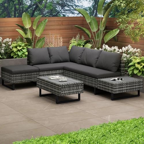 UIXENI Poly Rattan Corner Lounge for 4-5 People, Corner Bench Table Stools Seat Cushions Garden Set Patio Seating Conservatory (Grey) von UIXENI