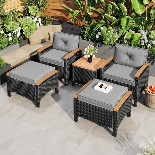 UIXENI Rattan Garden Furniture Set for 2-4 People, Balcony Patio Dining Set Outdoor Seating Set with 2 Armchairs, 2 Stool & Coffee Table, Includes Cushions ﻿ von UIXENI