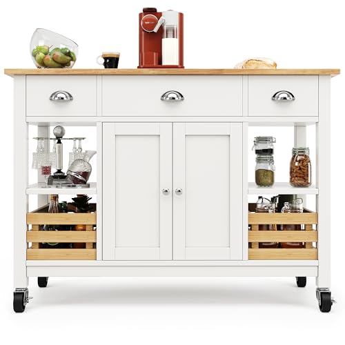 UIXENI Rolling Kitchen Island Storage Trolley with Cabinet, 3 Drawers, Spice Rack, Adjustable Shelf, Dining Room Organiser Sideboard Cupboard Cabinet Cart (White) von UIXENI