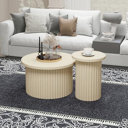 UIXENI Set of 2 Round Coffee Table Living Room Side Table with Storage (Natural) von UIXENI