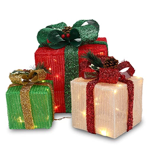 UIXENI Set of 3 60 LED Christmas Decorative Boxes Warm White Illuminated Battery Operated von UIXENI