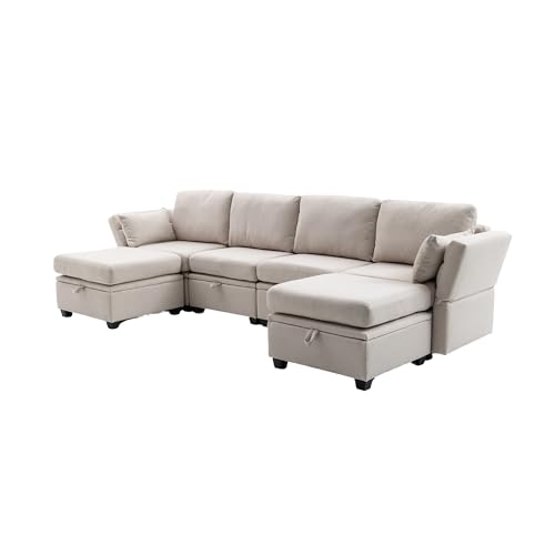 UIXENI Soft Modular Sofa with Storage Space, Can Be Combined into a Double Bed, Foldable Linen Armrests, Adjustable Living Room Sofa 6-Seats (Beige) von UIXENI