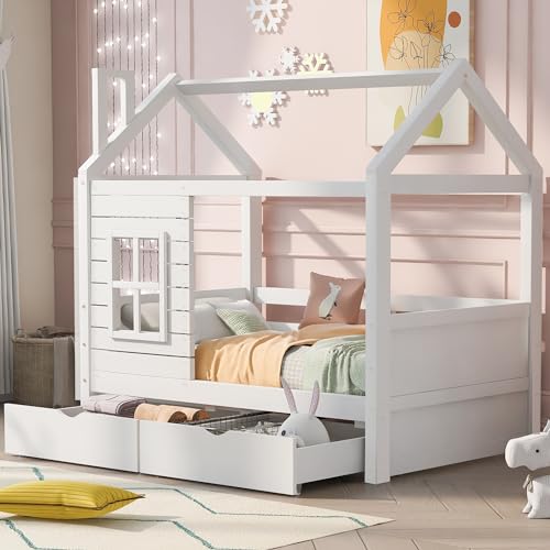 UIXENI Solid Wood Children's Bed Frame 80 * 160 with Fall Protection, Windows, Roof and 2 Drawers, Slatted Frame, White UIXENI Solid Wood Children's Bed Frame 80 * 160 with Fall Protection, Windows, Roof and 2 Drawers, Slatted Frame, White von UIXENI