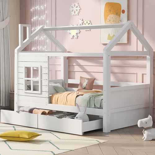 UIXENI Solid Wood Children's Bed Frame 90 * 200 with Fall Protection, Windows, Roof and 2 Drawers, Slatted Frame, White UIXENI Solid Wood Children's Bed Frame 90 * 200 with Fall Protection, Windows, Roof and 2 Drawers, Slatted Frame, White von UIXENI