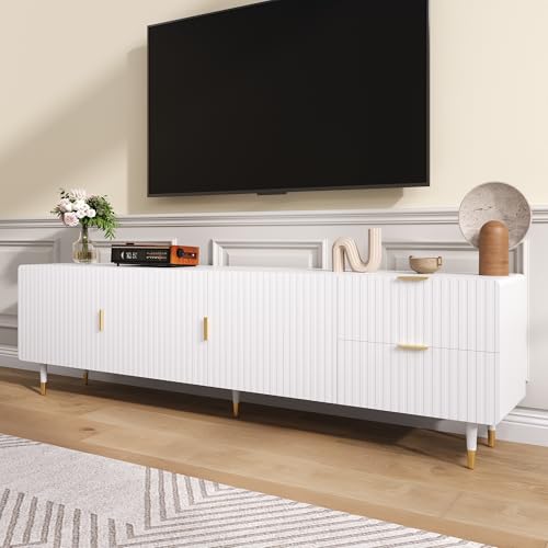 UIXENI TV Cabinet with 2 Drawers, Golden Handles, Golden Legs and Adjustable Feet, 3 Doors TV Furniture with Shelves von UIXENI