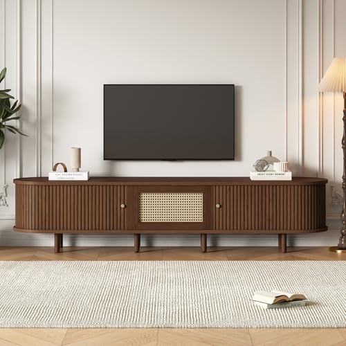 UIXENI TV Sideboard Lowboard with Sliding Doors, Rattan Drawer, Adjustable Feet, for 70-79 Inch TV, 30kg Load Capacity von UIXENI