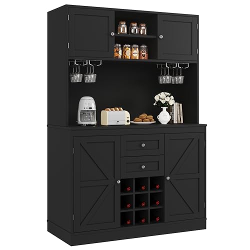 UIXENI Tall Cabinet with Worktop, 4 Doors & 2 Drawers, Kitchen Buffet Cabinet with Adjustable Shelves & Wine Rack for Living Room Dining Room (Black) von UIXENI