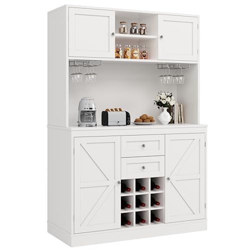 UIXENI Tall Cabinet with Worktop, 4 Doors & 2 Drawers, Kitchen Buffet Cabinet with Adjustable Shelves & Wine Rack for Living Room Dining Room (White) von UIXENI