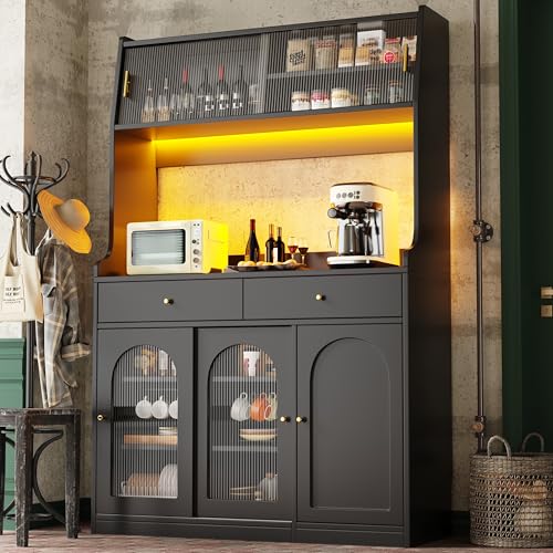 UIXENI Tall Kitchen Cabinet with Worktop, Adjustable Shelves, 2 Drawers, Multi-Purpose LED Buffet Storage Cabinet with Glass Sliding Doors, Tilt Protection ﻿ (Black) von UIXENI