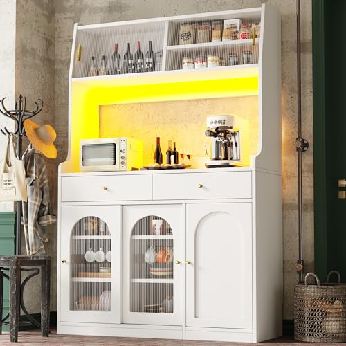 UIXENI Tall Kitchen Cabinet with Worktop, Adjustable Shelves, 2 Drawers, Multi-Purpose LED Buffet Storage Cabinet with Glass Sliding Doors, Tilt Protection ﻿ (White) von UIXENI
