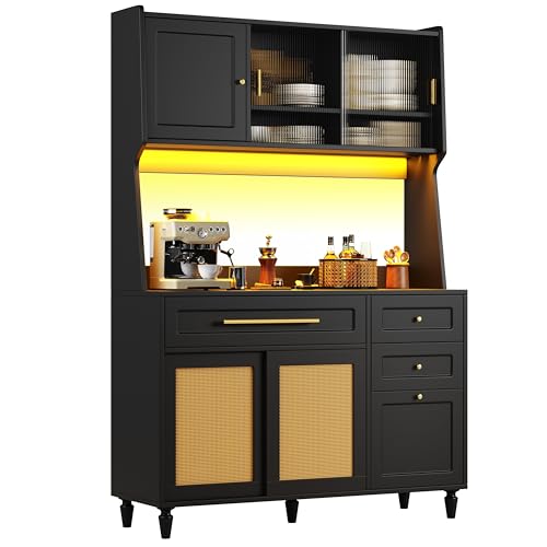 UIXENI Tall Kitchen Cabinet with Worktop, Adjustable Shelves, 3 Drawers, Multi-Purpose LED Buffet Storage Cabinet with PE Rattan Sliding Doors, Tilt Protection ﻿ von UIXENI
