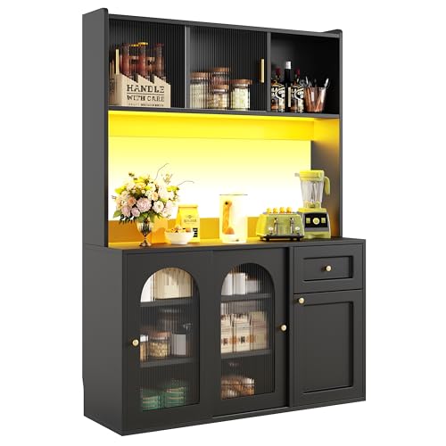UIXENI Tall Kitchen Cabinet with Worktop, Adjustable Shelves, Drawers, Multi-Purpose LED Buffet Storage Cabinet with Glass Sliding Doors, Tilt Protection ﻿ (Black) von UIXENI