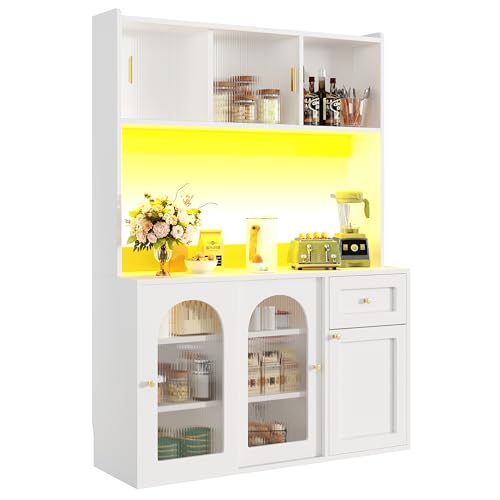 UIXENI Tall Kitchen Cabinet with Worktop, Adjustable Shelves, Drawers, Multi-Purpose LED Buffet Storage Cabinet with Glass Sliding Doors, Tilt Protection ﻿ (White) von UIXENI