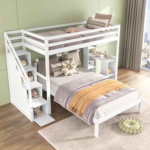 UIXENI Twin Kids Bed, Pine Wood Tree House Bunk Bed with Staircase, Cabin Bed with Large Storage Space, No Mattress von UIXENI