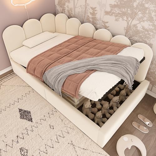UIXENI Upholstered Bed, 90 x 200 cm, Single Bed with Storage Space and Metal Slatted Frame, Storage Beds Frame, Mattress Not Included (Beige) von UIXENI