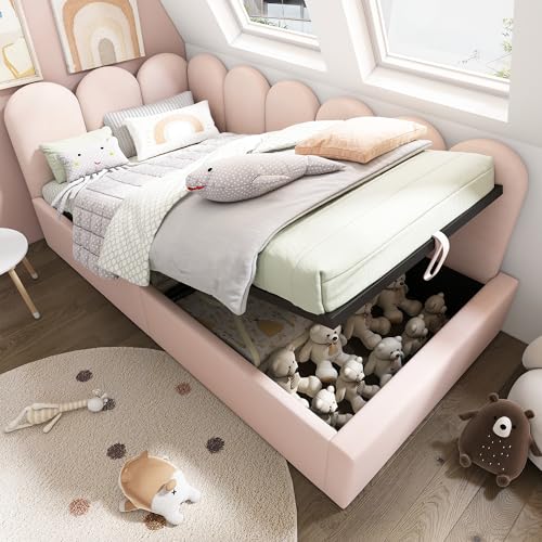 UIXENI Upholstered Bed, 90 x 200 cm, Single Bed with Storage Space and Metal Slatted Frame, Storage Beds Frame, Mattress Not Included (Pink) von UIXENI