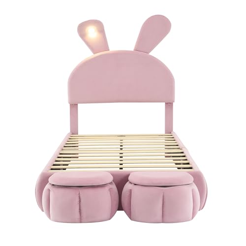 UIXENI Upholstered Bed Frame 90 x 200 cm, Children's Bed with 2 Storage Stools and Bedside Lighting, Fold-Out Rabbit Ears, Slatted Frame, Without Mattress ﻿ (Pink) von UIXENI