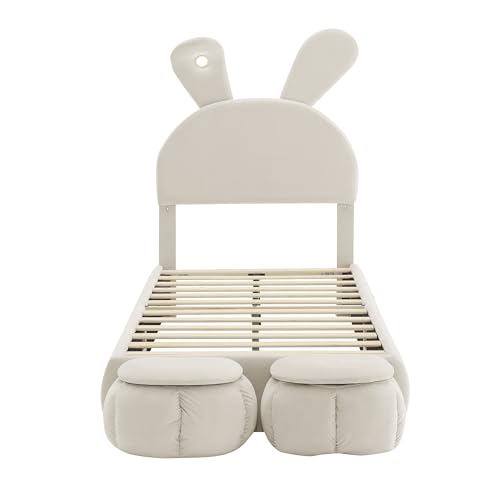 UIXENI Upholstered Bed Frame 90 x 200 cm, Children's Bed with 2 Storage Stools and Bedside Lighting, Fold-Out Rabbit Ears, Slatted Frame, Without Mattress ﻿ (White) von UIXENI