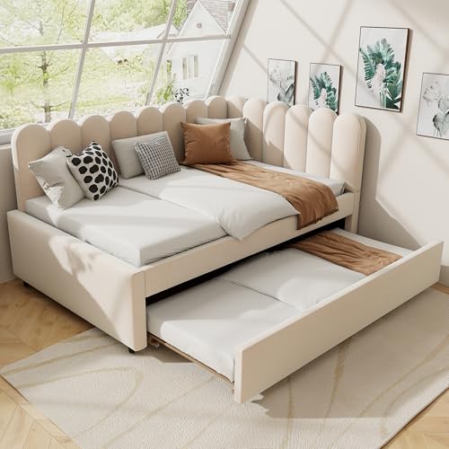 UIXENI Upholstered Bed with Trundle Bed 140 x 200 cm, Extendable Sofa Bed Day Bed with Wooden Slatted Frame, Guest Bed Frame, Velvet, Without Mattress (Beige) von UIXENI