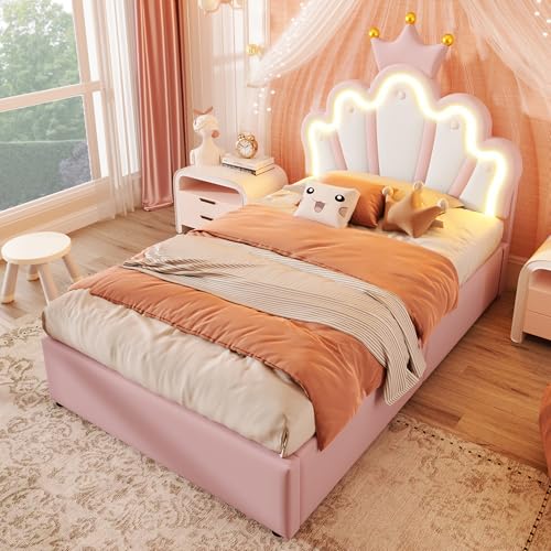 UIXENI Upholstered Hydraulic Storage Bed, 90 x 200 cm Crown-Shaped Adjustable Headboard with LED, PU, Without Mattress (Pink) von UIXENI
