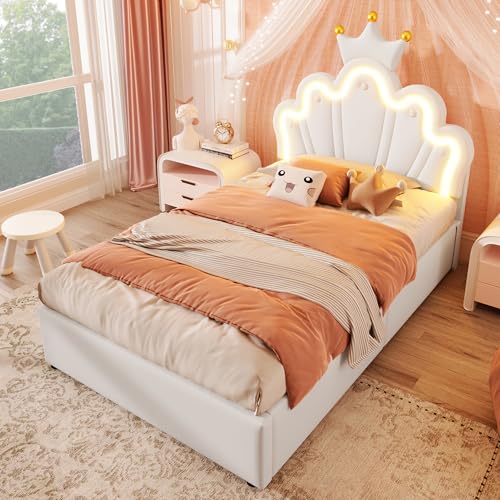 UIXENI Upholstered Hydraulic Storage Bed, 90 x 200 cm Crown-Shaped Adjustable Headboard with LED, PU, Without Mattress (White) von UIXENI