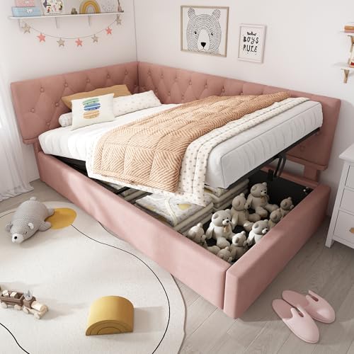UIXENI Upholstered Single Bed, 90 x 200 cm Day Bed Sofa Bed Frame with Hydraulic Storage Space, Slatted Frame, Velvet (Pink) von UIXENI