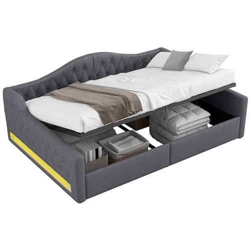 UIXENI Upholstered Sofa Bed 140 x 200 cm with LED and Hydraulic Storage Space, Side Headboards, Slatted Frame (Gray) von UIXENI