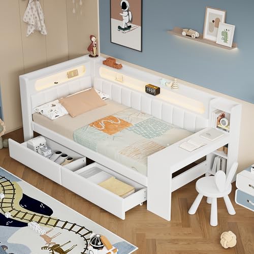 UIXENI Upholstered Sofa Bed 90 x 200 cm with LED and USB Charging Station, Day Bed with Desk and 2 Drawers, Slatted Frame, Guest Bed Frame, Without Mattress von UIXENI