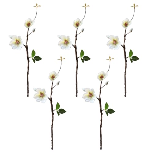 UIYIHIF 5 Stück Elegante Künstliche Magnolien-Blumenzweige, 39,9 cm Lange Seidenblumenstiele mit Grünen Blättern, Künstliche Frühlingsblumenzweige für Vase, Zuhause, Büro, Wohnzimmer, (A) von UIYIHIF