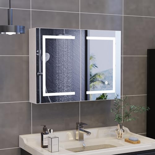 UIYIHIF Spiegelschrank Bad mit LED Beleuchtung und Stauraum, 2 Türen, 80x60x13.5 cm Badschrank mit Spiegel und Einstellbare Ablage, 3 Farbtemperatur Dimmbare, Berührung Sensorschalter, Weiß von UIYIHIF