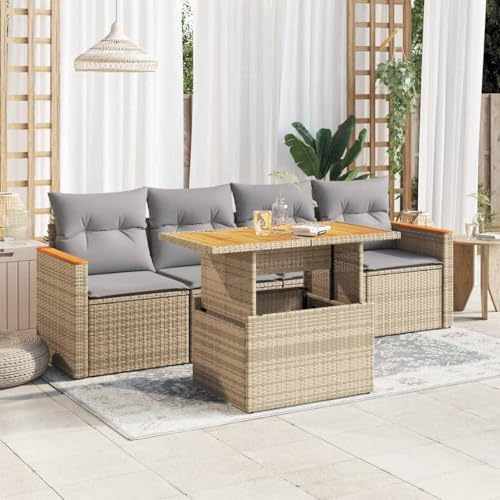 UJCHVHN 5-teiliges Garten-Sofa-Set mit Kissen, Poly-Rattan-Akazie, Outdoor-Möbel-Sets von UJCHVHN