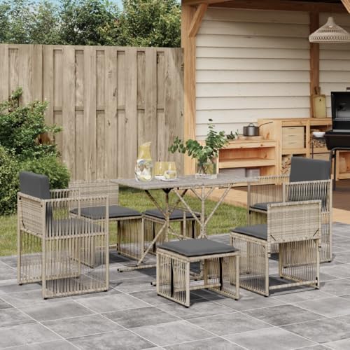 UJCHVHN 7-teiliges Garten-Esszimmer-Set mit Kissen, hellgrau, Poly-Rattan, Outdoor-Möbel-Sets von UJCHVHN