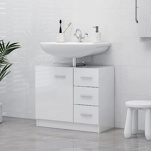 UJCHVHN Waschtisch weiß glänzend 63 x 30 x 54 cm aus Ingenieurholz Möbelsets Badmöbel-Sets von UJCHVHN